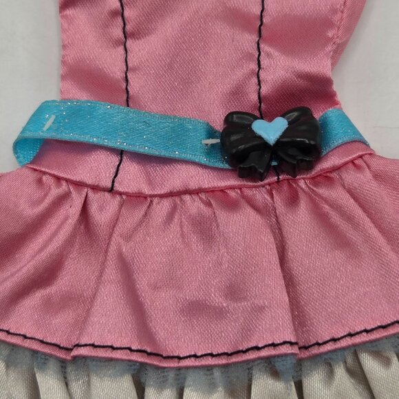Barbie My Scene Pink Satin Ruffled Party Dress With Blue Bow & Halter Neck - Picture 2 of 4